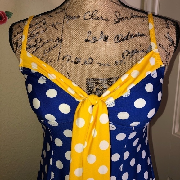 Rare Betsey Johnson Swim Dress/ Coverup in Blue White & Yellow Polka Dot Sz S - Picture 4 of 8